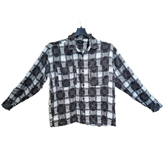 Forever 21 Mens M Textured Plaid Button Down Shirt Black/White Frayed Grunge - Picture 1 of 6